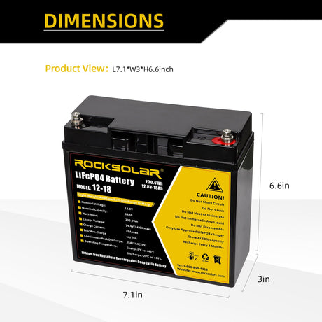 dimension for rocksolar lithium ion 18ah 12v battery 