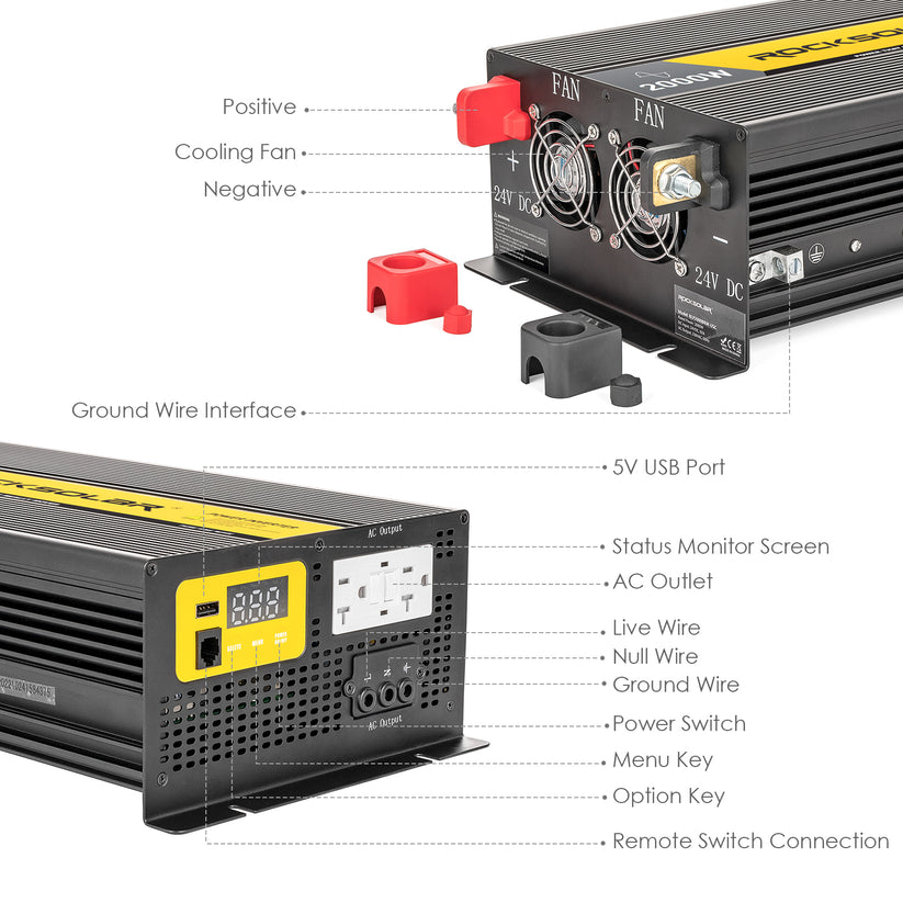 ROCKSOLAR 2000W 12V Pure Sine Wave Power Inverter With Remote Control Panel